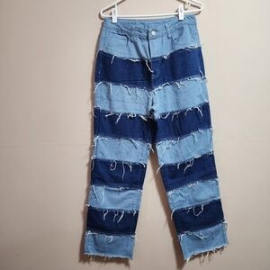 Shein high waisted wide leg distressed striped  panel color block jean size L
